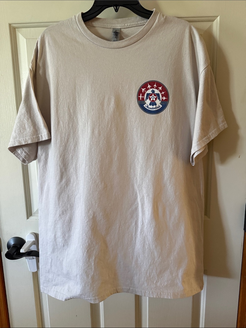 Gildan USAF THUNDERBIRDS Cream Short Sleeve Tee with Red & Blue Chest Patch